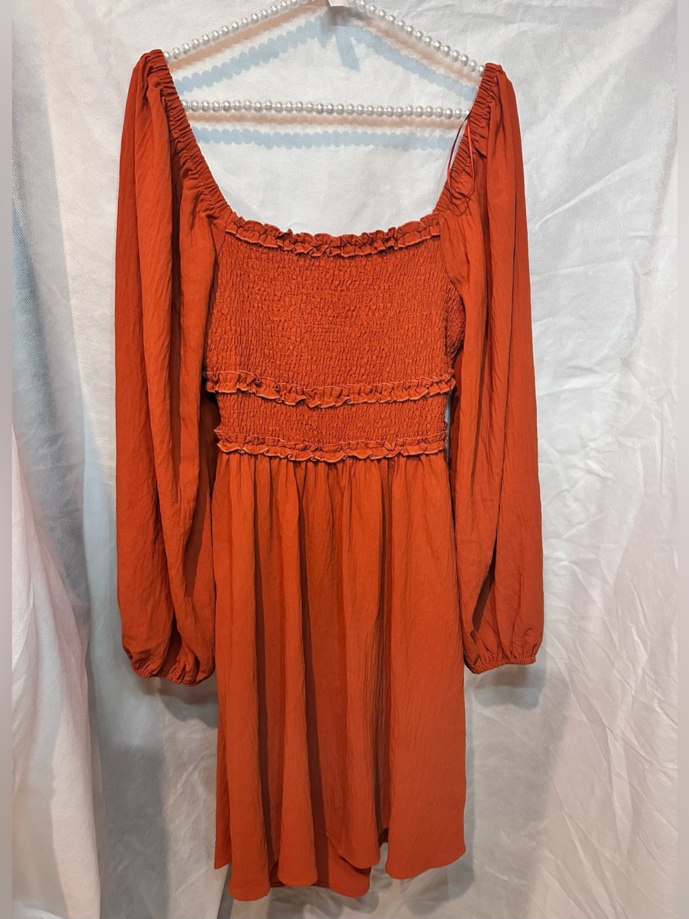 ODDY Rust Orange Long-Sleeve Smocked Mini Dress
